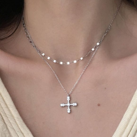 #NEW 925 Sterling Silver Diamond Cross Double Layer Necklace - Picture 1 of 9